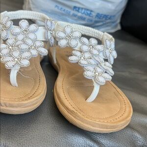 White Floral Sandals with Rhinestone Accents